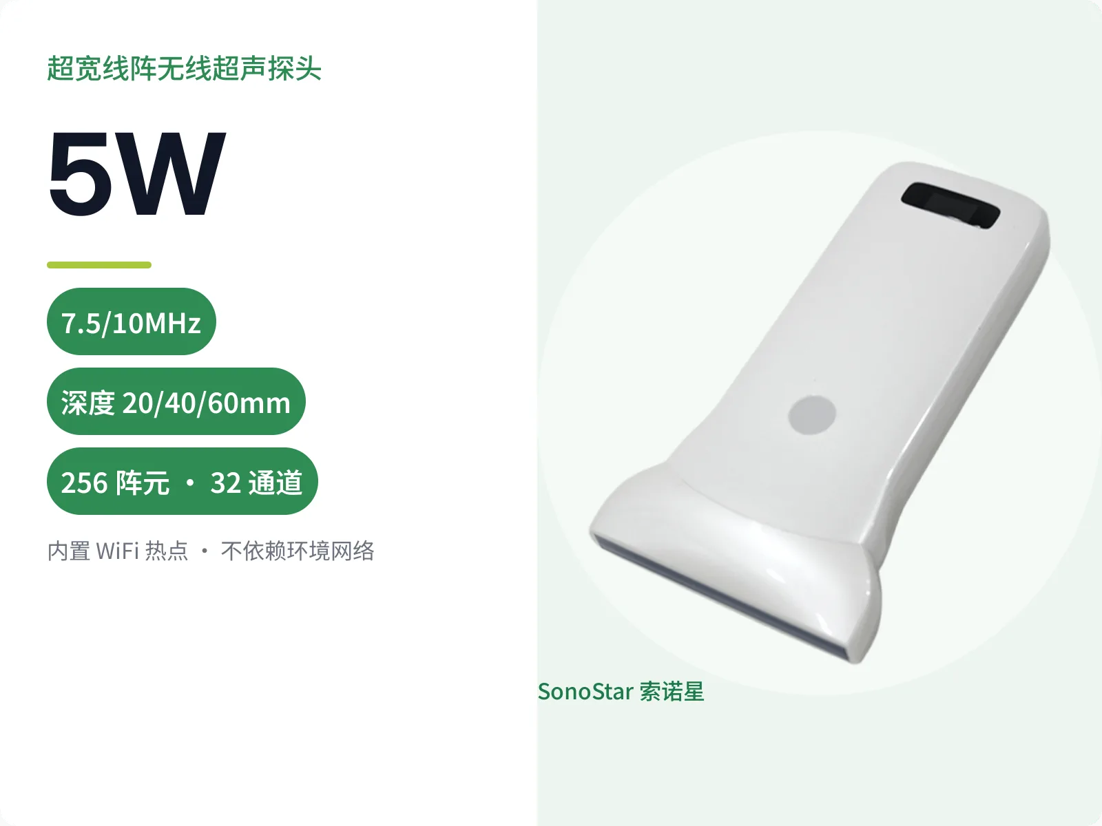 索诺星5W超宽线阵无线超声探头宣传主图，标注频率、深度与256阵元32通道参数