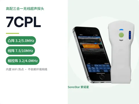 索诺星7CPL高配三合一无线超声探头宣传主图,标注三种模式频率参数