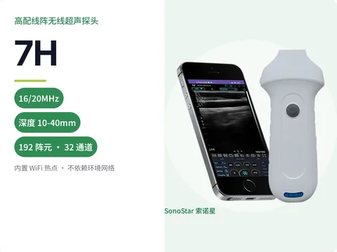 索诺星7H高配线阵无线超声探头宣传主图,标注16/20MHz频率与192阵元32通道参数