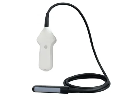 VProbe-4L兽用彩超实拍,白色探头体、黑色连接线与笔式无线发射模块