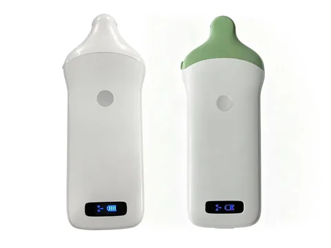 VProbe-5Q兽用微凸掌超实拍,白色与浅绿机身正面及底部电量指示窗