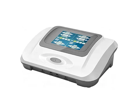 UD30超声药物导入治疗仪主机斜视，蓝色触控菜单界面与侧面接口