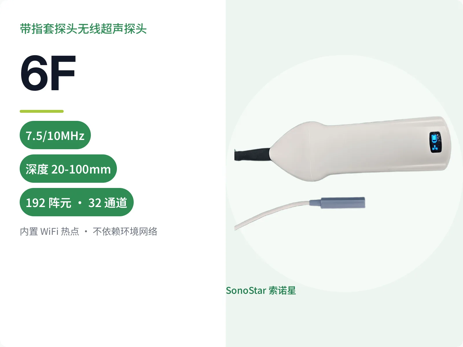 索诺星6F带指套探头无线超声探头宣传主图，标注频率、深度与192阵元32通道参数
