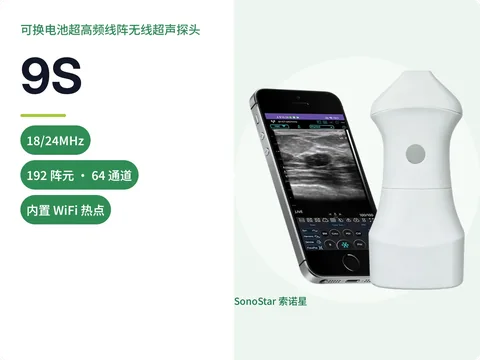 索诺星9S可换电池超高频线阵无线超声探头宣传主图,标注18/24MHz频率与192阵元64通道参数