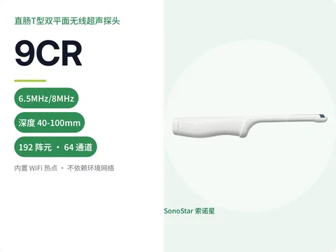 索诺星9CR直肠T型双平面无线超声探头宣传主图,标注6.5/8MHz频率与192阵元64通道参数