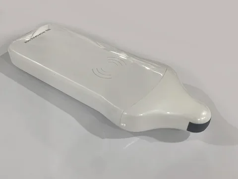 VProbe-5Q兽用微凸掌超侧视实拍,手柄形机身与顶部微凸探头及背部无线标识