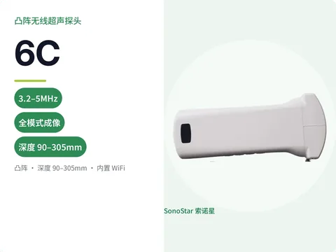 索诺星6C凸阵无线超声探头宣传主图,标注频率、全模式成像与深度参数